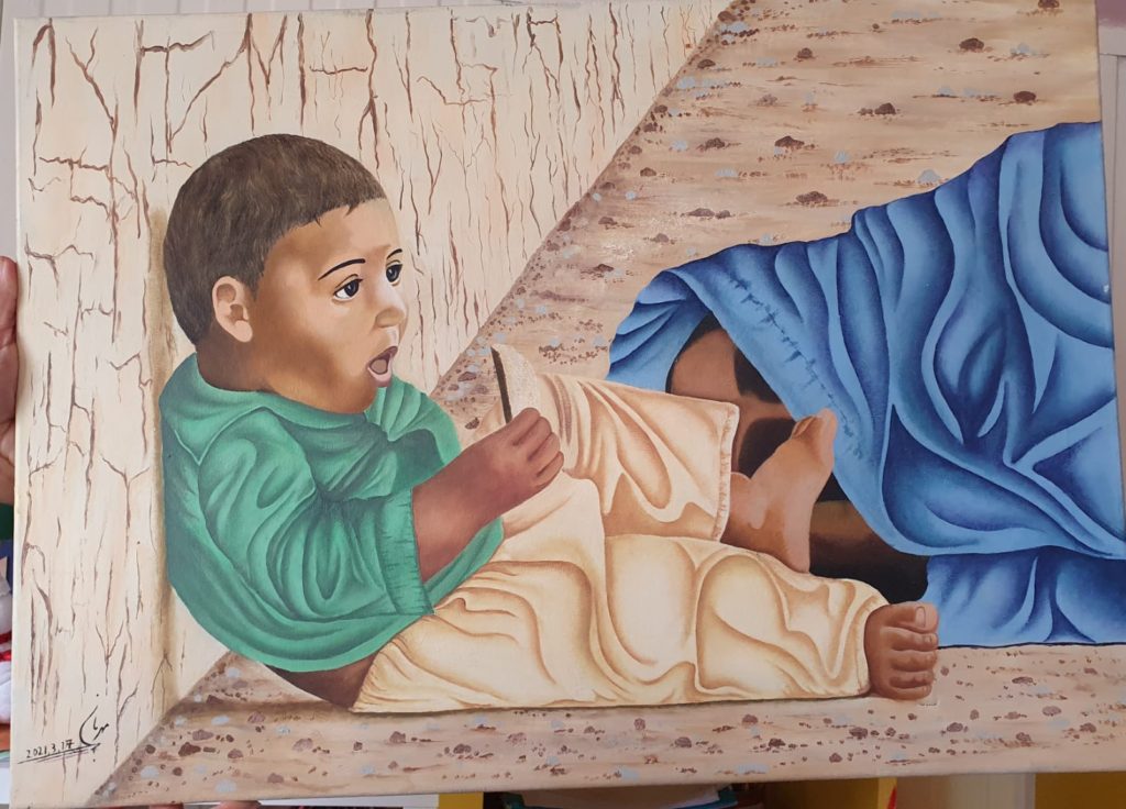 Uprchlická malba malého dítěte sedícího na zemi